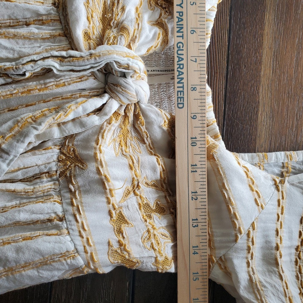 Anthropologie By Anthropologie Embroidered Tie-Front Maxi Dress Cream Gold M - Picture 10 of 13